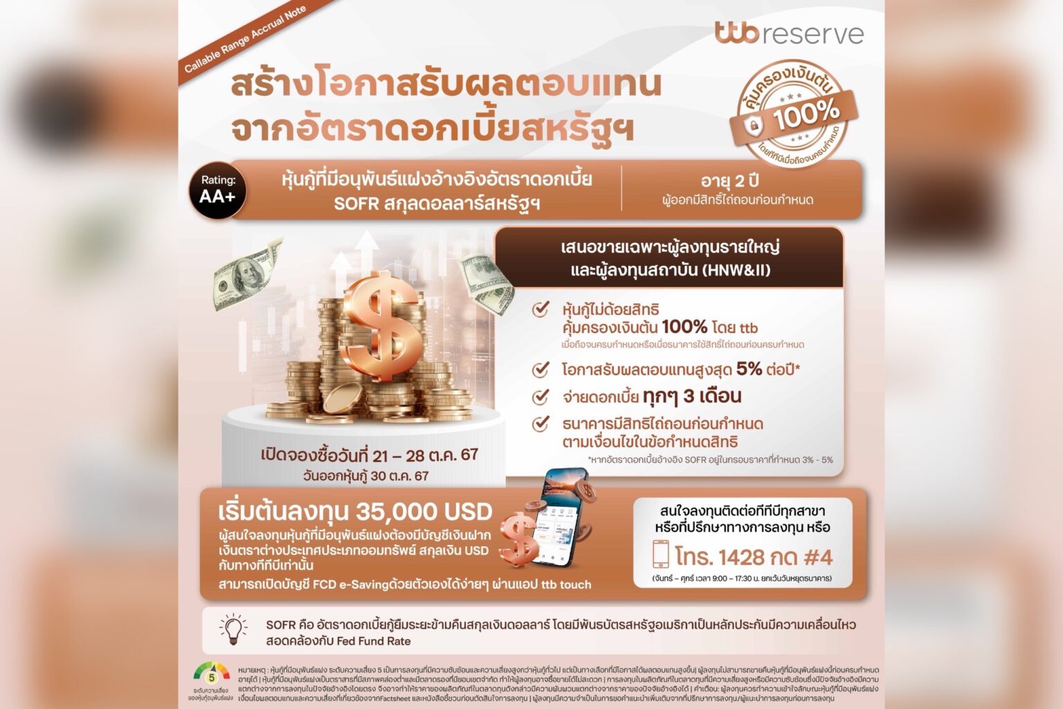 ทีทีบี เสนอขายหุ้นกู้ที่มีอนุพันธ์แฝงสกุลเงินดอลลาร์สหรัฐ ชูจุดเด่นคุ้มครองเงินต้น 100%