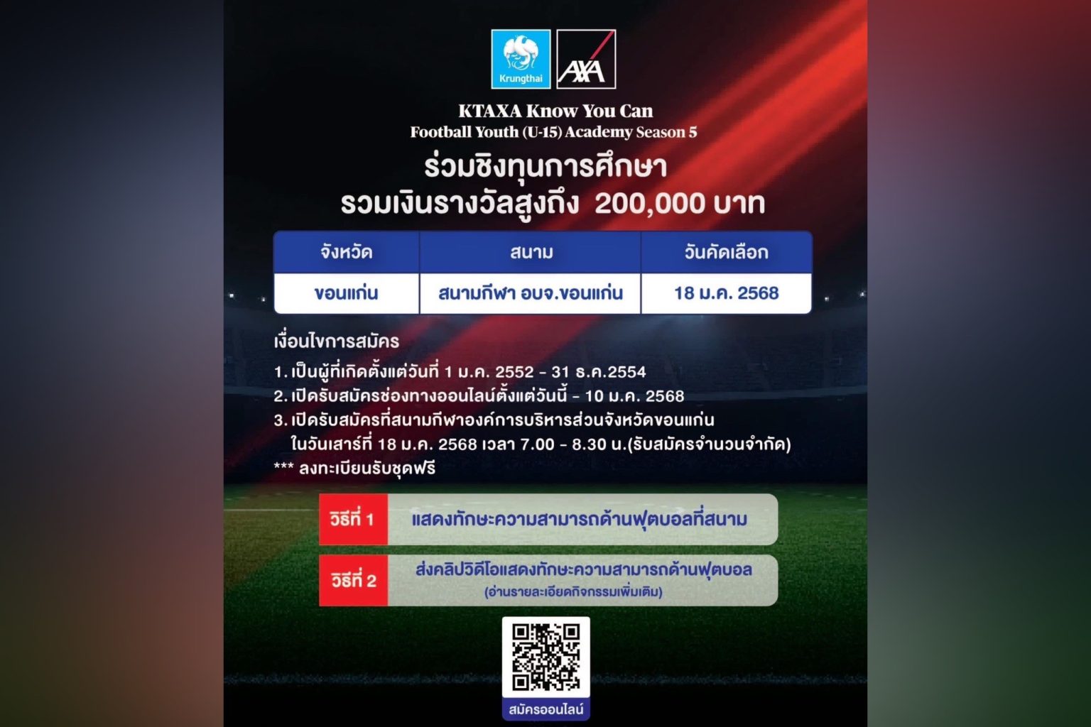 กรุงไทย-แอกซ่า ประกันชีวิต เปิดรับสมัครเยาวชนอายุ 13-15 ปี เข้าร่วมโครงการ KTAXA Know You Can Football Youth (U-15) Academy Season 5