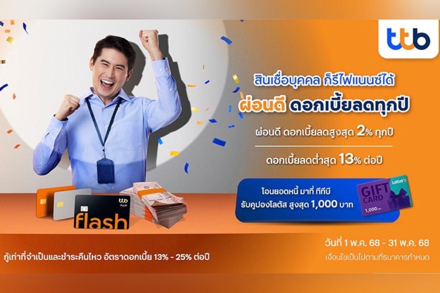ทีทีบี ชวนลูกหนี้สินเชื่อส่วนบุคคล หยุดวงจรจ่ายดอกเบี้ยแพง รีไฟแนนซ์มาที่ทีทีบี ผ่อนดี ดอกเบี้ยลดต่ำสุดอยู่ที่ 13% ต่อปี