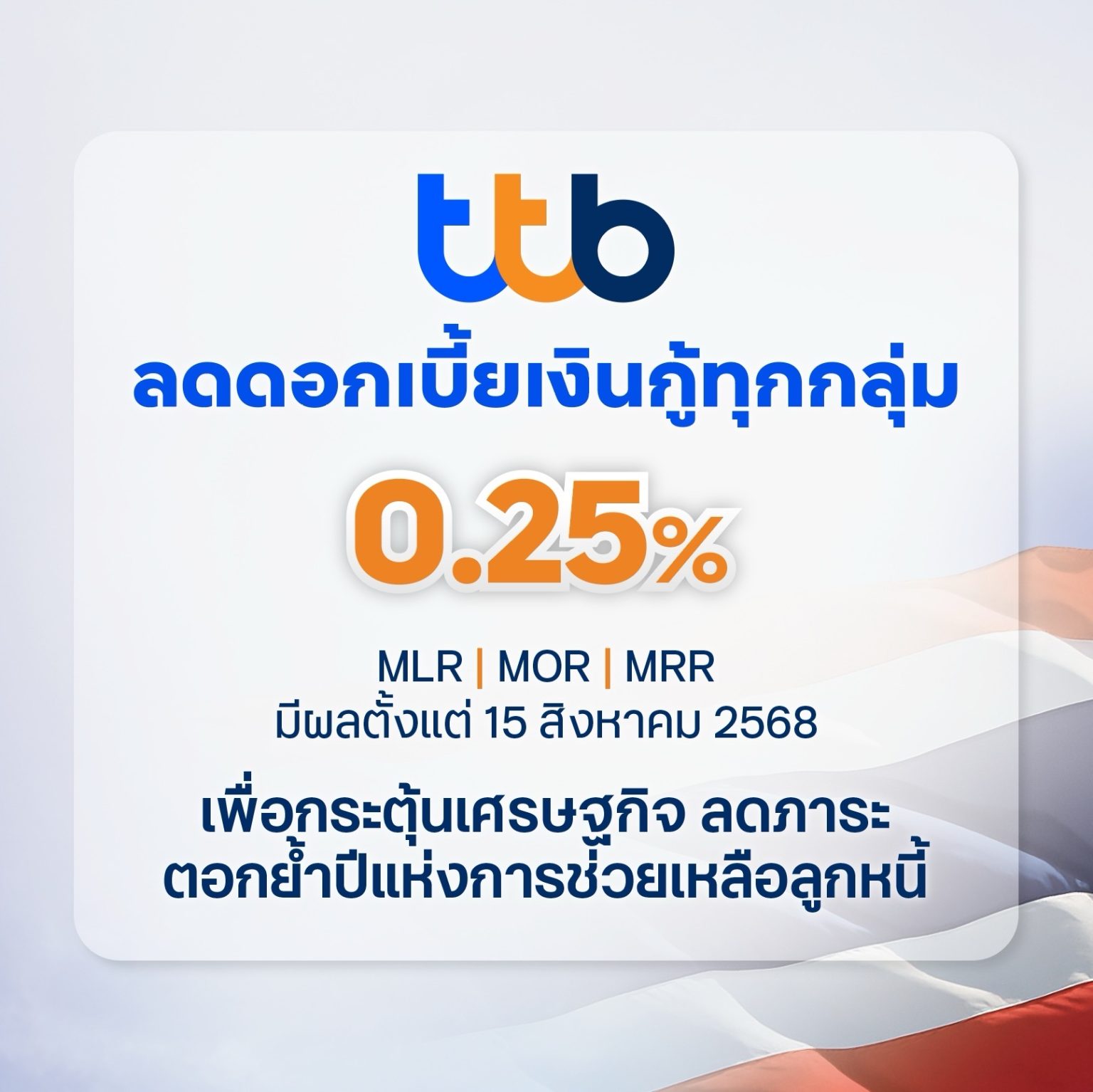 ทีทีบี ลดดอกเบี้ยเงินกู้ทุกกลุ่ม 0.25% ต่อปี มีผล 15 ส.ค.นี้