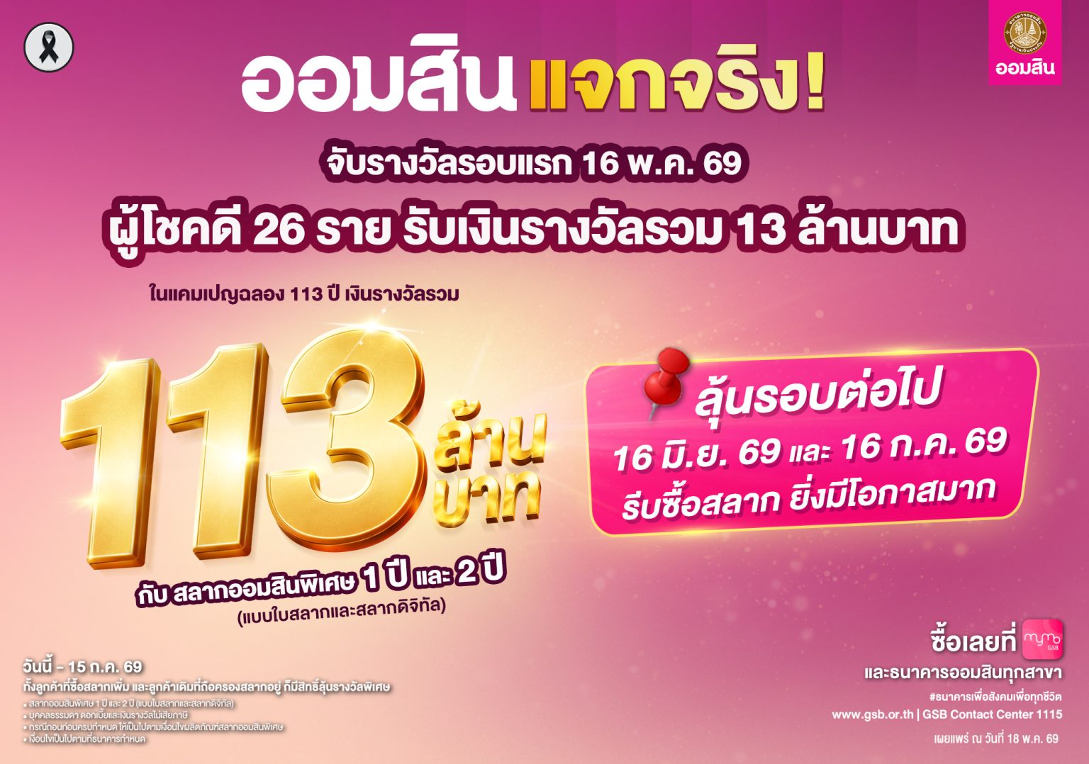 ออมสิน แจกจริง! สลากออมสินแคมเปญ 113 ล้านบาท จับรางวัลรอบที่ 1 วันที่ 16 พ.ค. 69