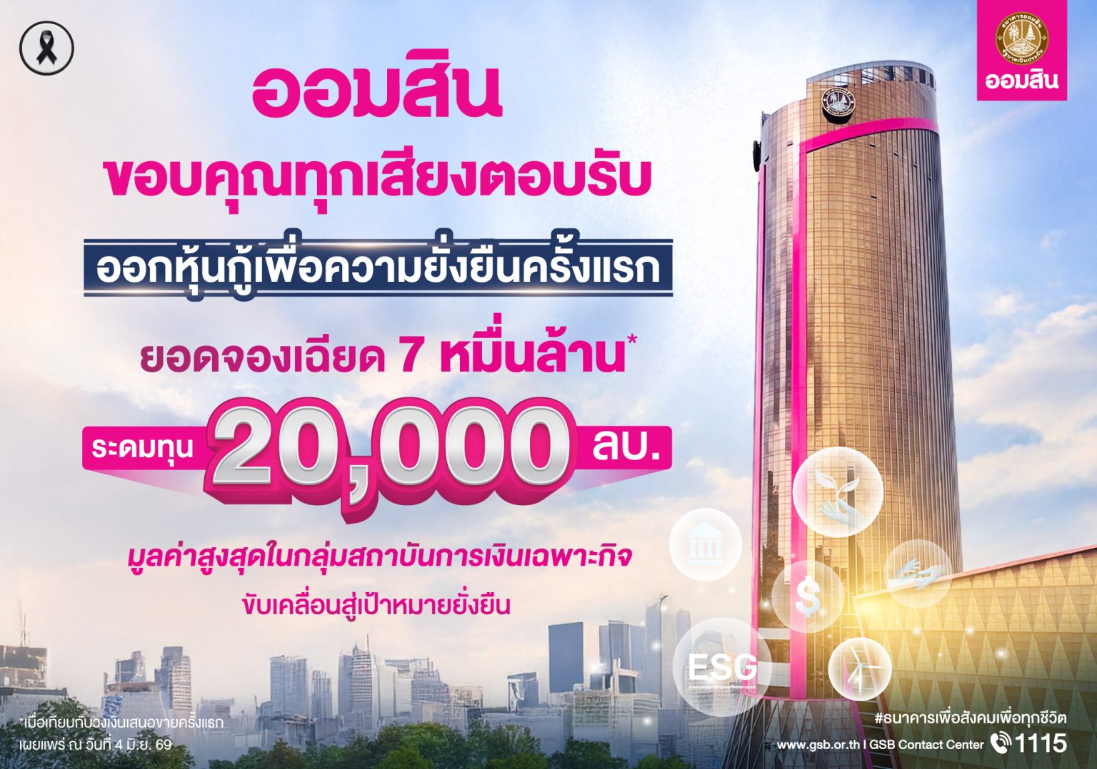 ออมสิน สร้างปรากฏการณ์! ออกหุ้นกู้เพื่อความยั่งยืนครั้งแรก ยอดจองเฉียด 7 หมื่นล้าน