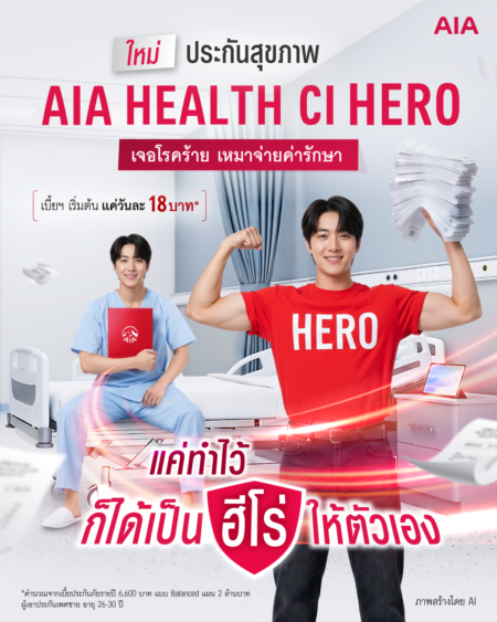 เอไอเอ เปิดตัว “AIA Health CI Hero” เจอโรคร้าย เหมาจ่ายค่ารักษา พร้อมปลดล็อคเหมาจ่ายค่ารักษาทุกโรคหลังเจอโรคร้ายแรง ด้วยเบี้ยประกันที่เข้าถึงได้