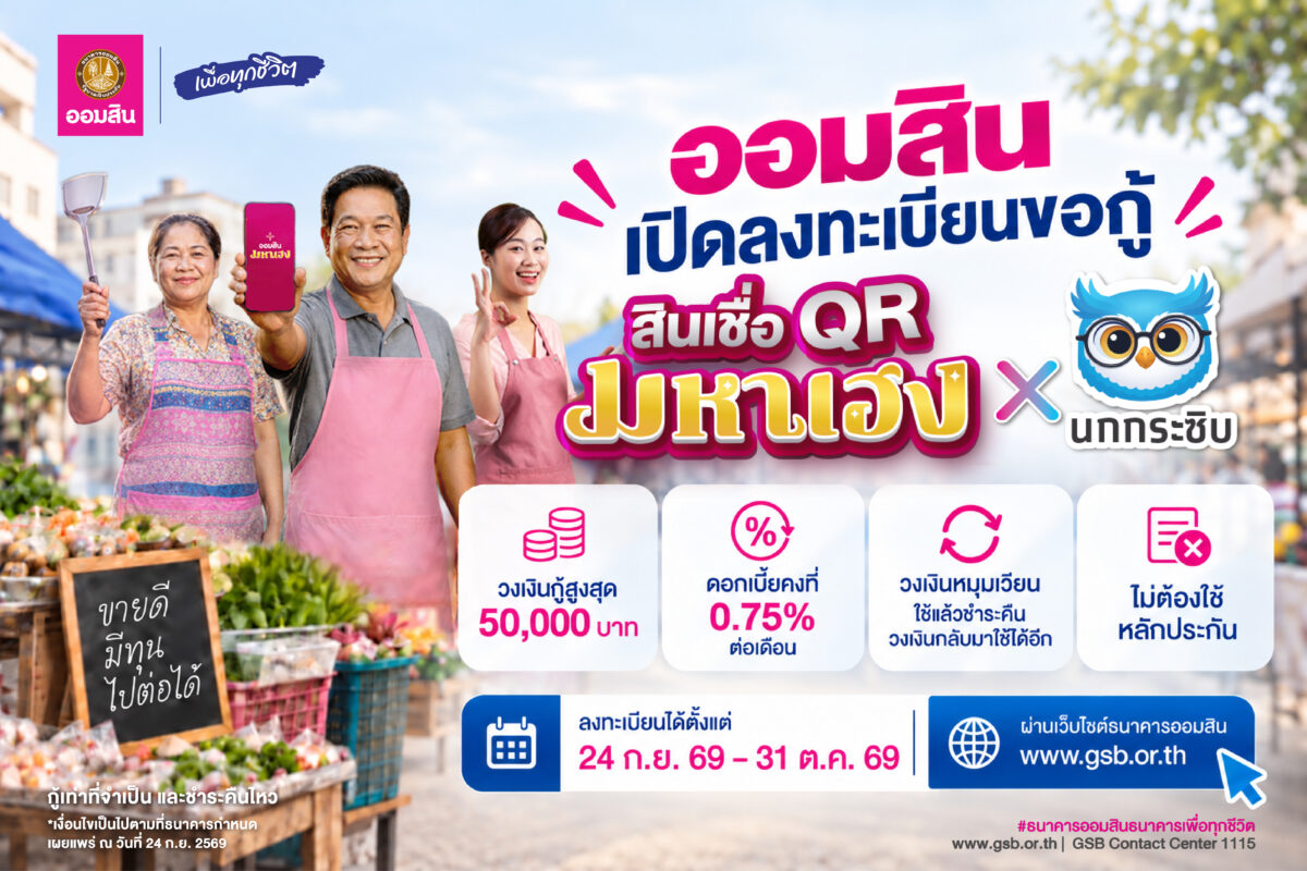 ออมสิน พร้อมเปิดให้ลงทะเบียนขอกู้ “สินเชื่อ QR มหาเฮง X นกกระซิบ” 24 ก.ย. นี้วันแรก