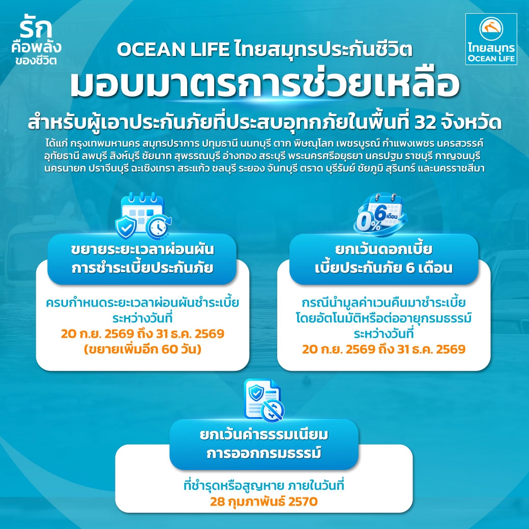 OCEAN LIFE ไทยสมุทรประกันชีวิต ออกมาตรการช่วยลูกค้าประสบอุทกภัย 32 จังหวัด ขยายเวลาผ่อนผันการชำระเบี้ยอีก 60 วัน
