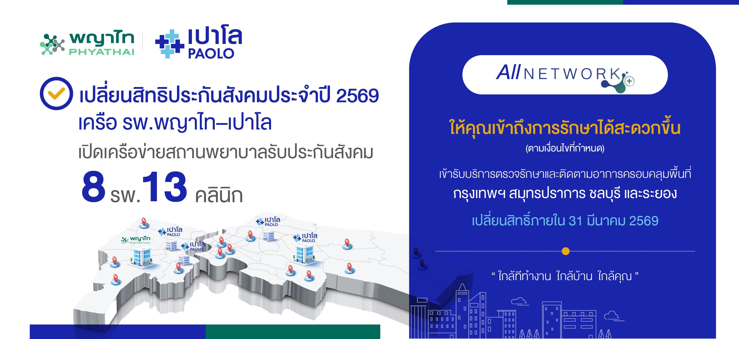 เปลี่ยนสิทธิประกันสังคม 2569 พญาไท–เปาโล เปิดเครือข่าย  8 รพ. 13 คลินิก ครอบคลุมหลายพื้นที่