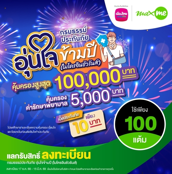 เมืองไทยประกันชีวิต จับมือ แมกซ์ โซลูชัน เซอร์วิส  เพิ่มความอุ่นใจแก่สมาชิก Max Card ต้อนรับเทศกาลปีใหม่  ผ่าน “กรมธรรม์ประกันภัยอุ่นใจข้ามปี (ไมโครอินชัวรันส์)”