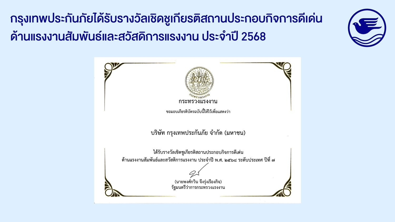 กรุงเทพประกันภัยรับรางวัลเชิดชูเกียรติ “สถานประกอบกิจการดีเด่น ด้านแรงงานสัมพันธ์และสวัสดิการแรงงาน ระดับประเทศ” ประจำปี 2568 ต่อเนื่องเป็นปีที่ 7